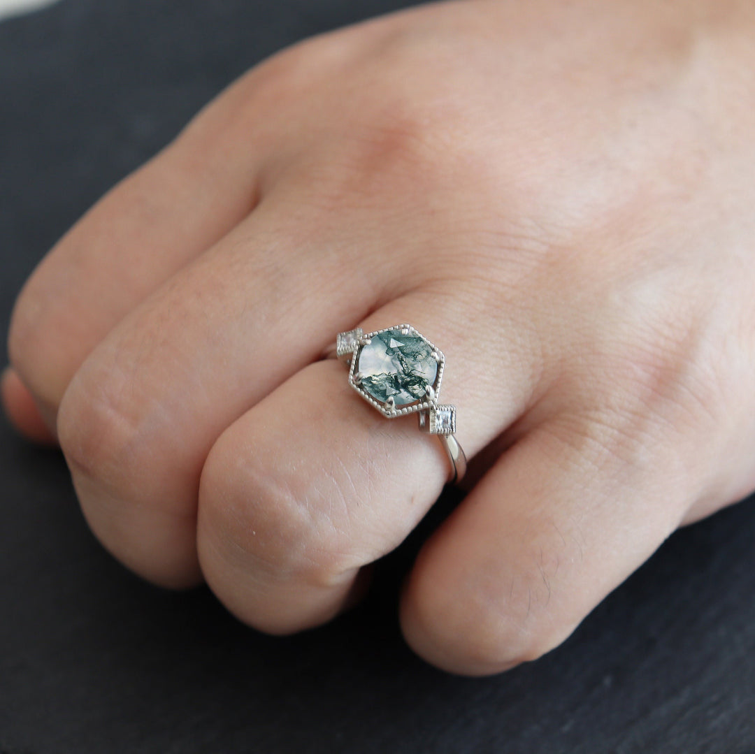 Vintage Round Shape Moss Agate Engagement Ring, Sterling Silver Anniversary Ring, 14K Gold Moss Agate Promise Wedding Ring Gift for Women - ShainJewelry