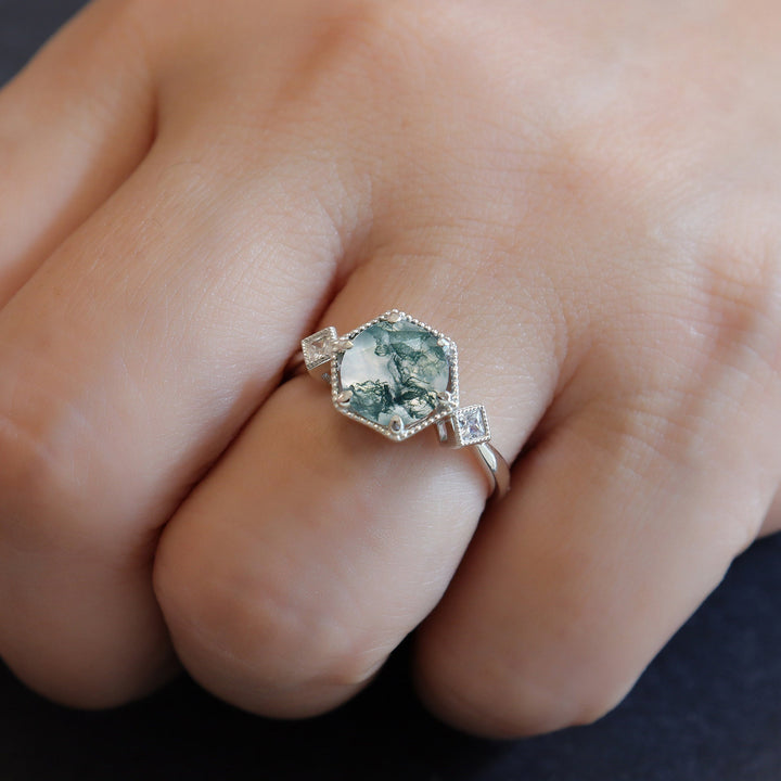 Vintage Round Shape Moss Agate Engagement Ring, Sterling Silver Anniversary Ring, 14K Gold Moss Agate Promise Wedding Ring Gift for Women - ShainJewelry