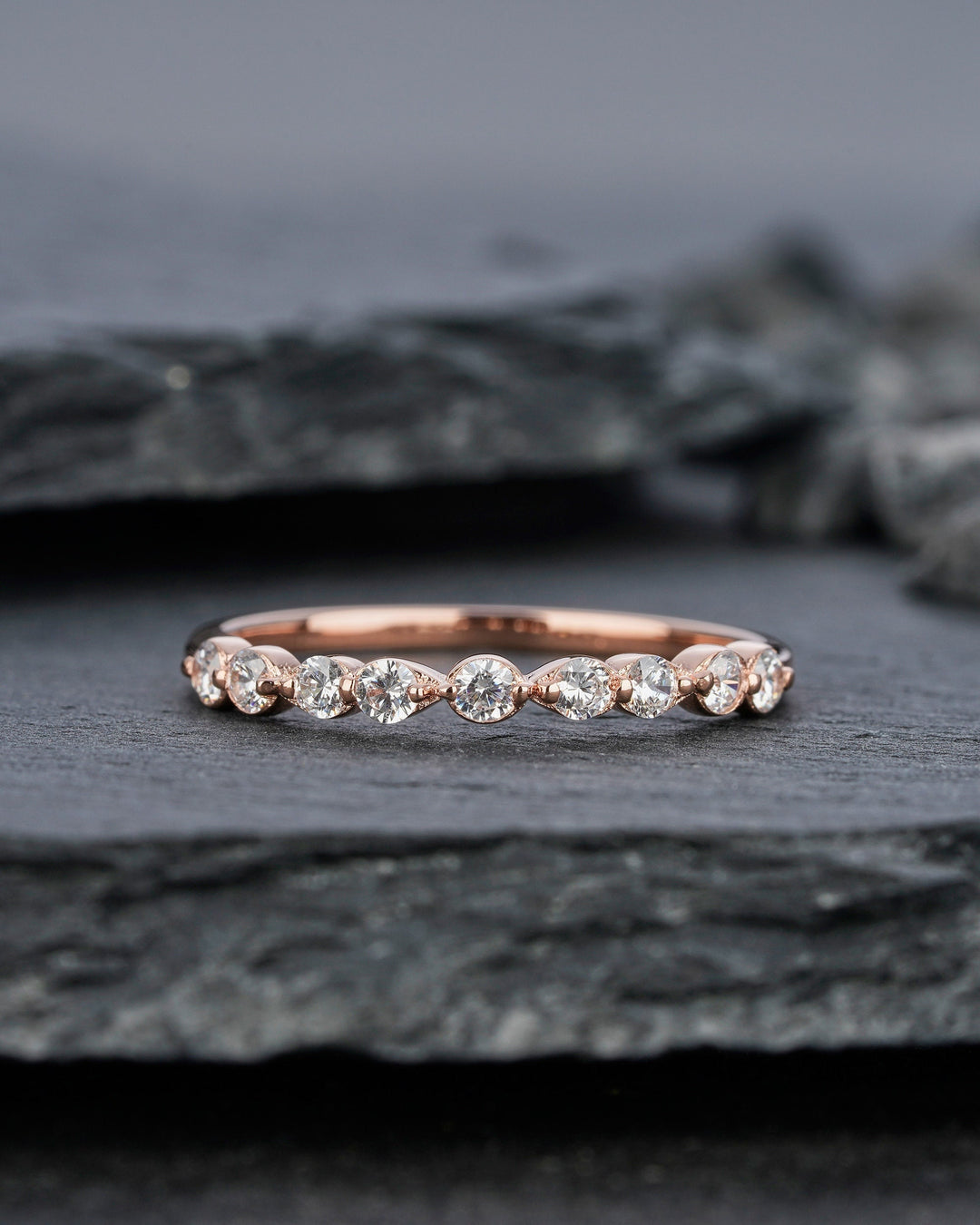 Vintage Moissanite Wedding Band, Stackable Half Eternity Art Deco Engagement Ring, Anniversary Promise Ring ,Vintage Rose Gold Matching Band - ShainJewelry