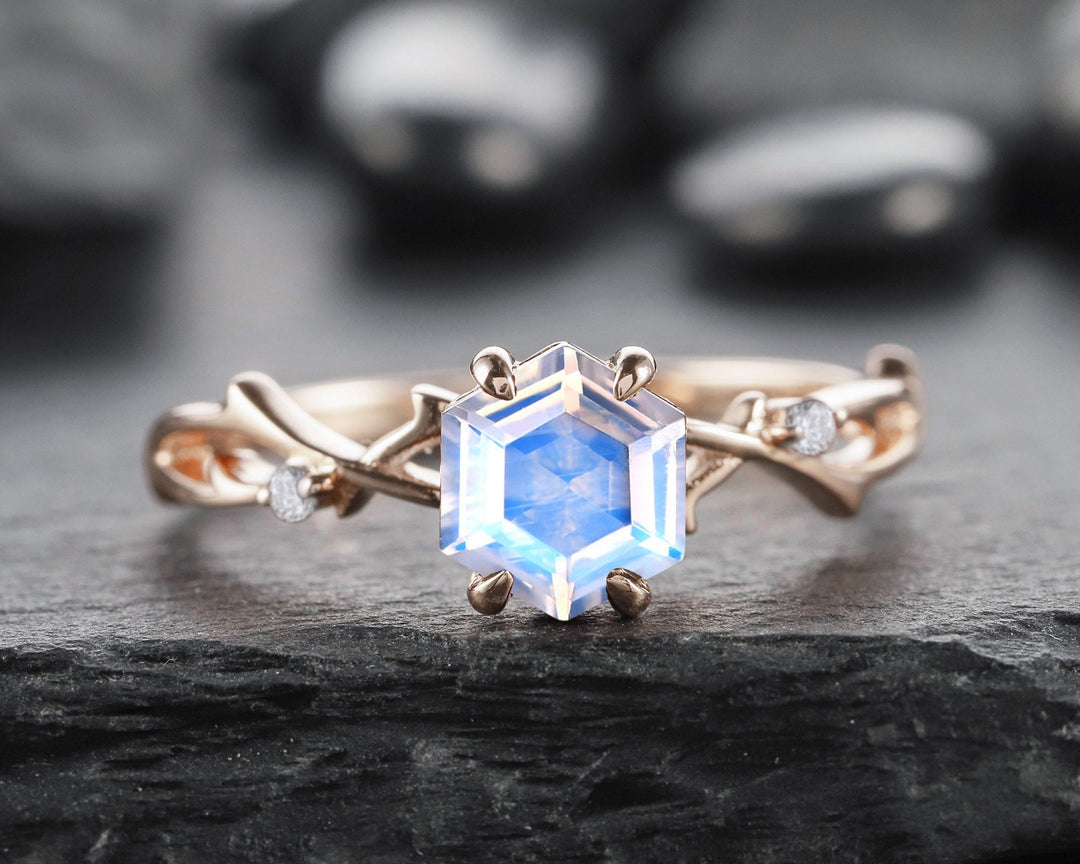 Vintage Hexagon Cut Moonstone Engagement Ring, Dainty Twist Branch Promise Ring, Unique 14K Rose Gold June Birthday Wedding Ring for Women - ShainJewelry