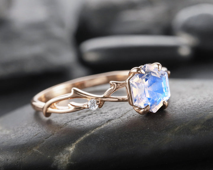 Vintage Hexagon Cut Moonstone Engagement Ring, Dainty Twist Branch Promise Ring, Unique 14K Rose Gold June Birthday Wedding Ring for Women - ShainJewelry