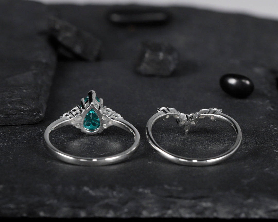 Vintage Pear Shape Paraiba Tourmaline Ring Set, Blueish Green Peacock Gemstone Wedding Set, White Gold Tourmaline Engagement Ring Bridal Set - ShainJewelry