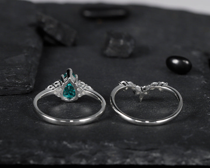 Vintage Pear Shape Paraiba Tourmaline Ring Set, Blueish Green Peacock Gemstone Wedding Set, White Gold Tourmaline Engagement Ring Bridal Set - ShainJewelry