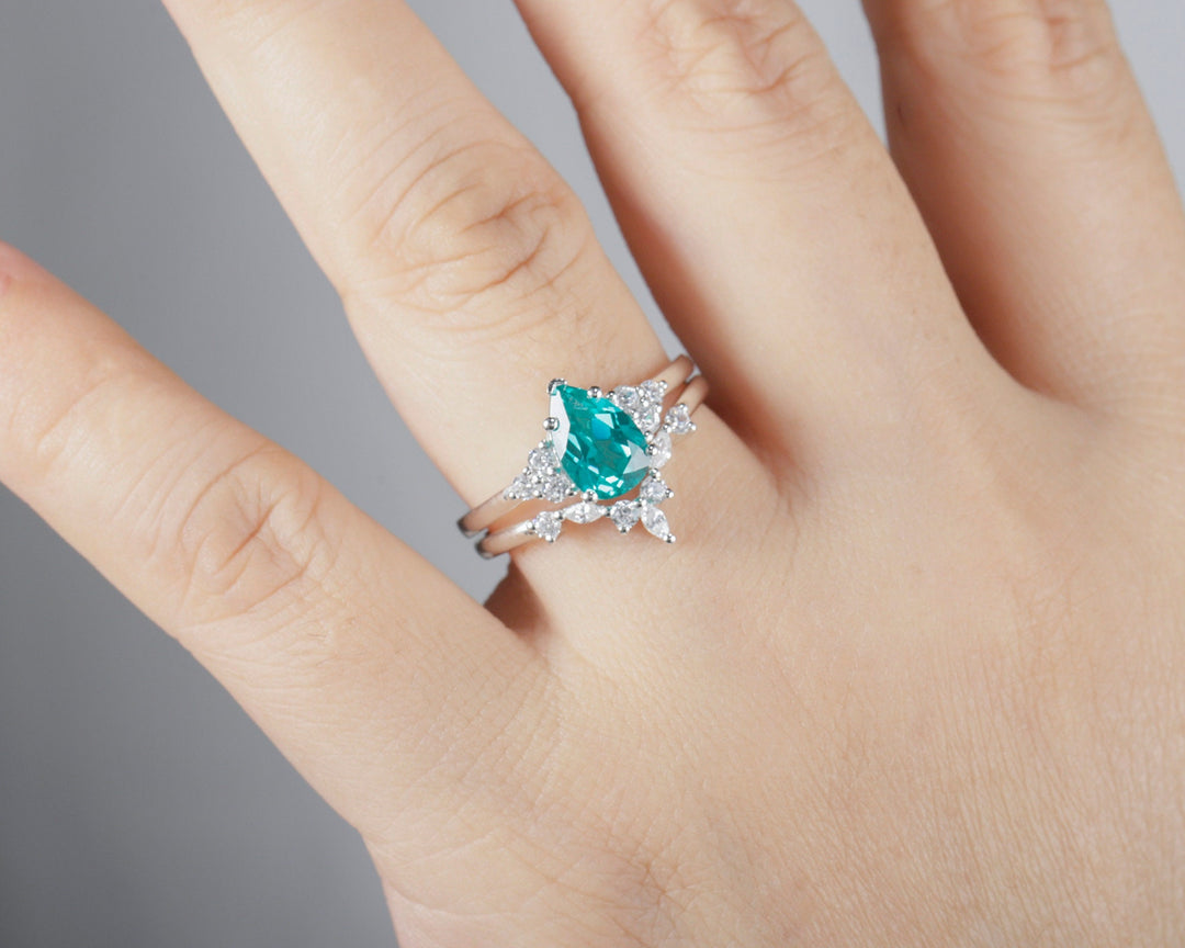Vintage Pear Shape Paraiba Tourmaline Ring Set, Blueish Green Peacock Gemstone Wedding Set, White Gold Tourmaline Engagement Ring Bridal Set - ShainJewelry