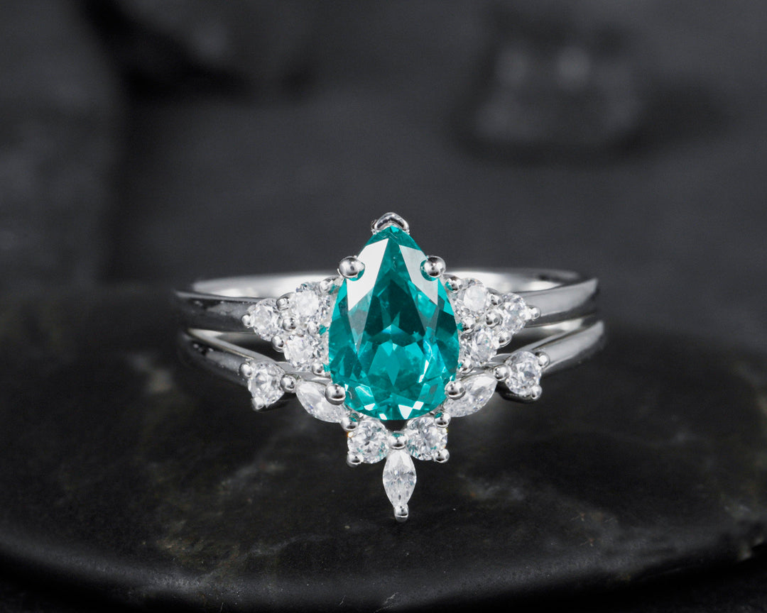 Vintage Pear Shape Paraiba Tourmaline Ring Set, Blueish Green Peacock Gemstone Wedding Set, White Gold Tourmaline Engagement Ring Bridal Set - ShainJewelry