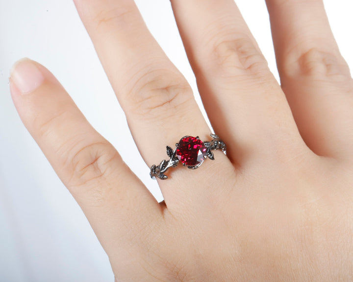 Black Gold Finish Round Ruby Engagement Ring, Rhodium Black Hip Hop Leaf Nature Inspired Ruby Promise Ring, Gothic Anniversary Gift for her - ShainJewelry