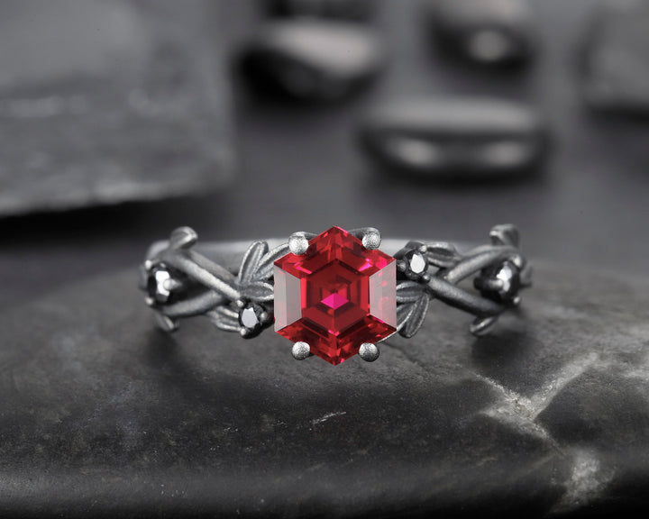 Black Gold Finish Hexagon Ruby Engagement Ring, Rhodium Black Leaf Twig Branch 14K Black Gold and Ruby Promise Anniversary Ring Gift for her - ShainJewelry