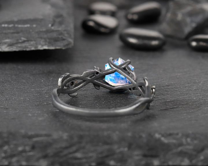 Black Gold Finish Hexagon Moonstone and Black Diamond Ring, Rhodium Black Vermeil Leaf Twig Goth Engagement Ring, Moonstone Promise Ring - ShainJewelry