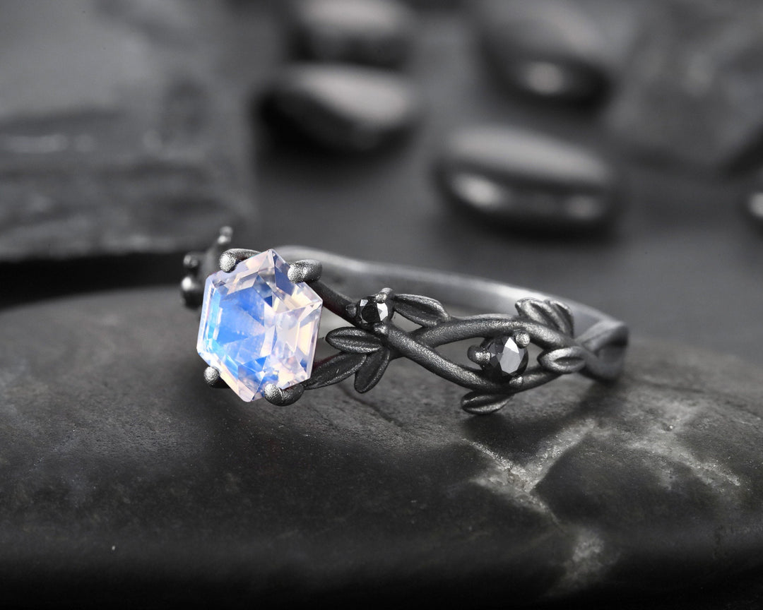 Black Gold Finish Hexagon Moonstone and Black Diamond Ring, Rhodium Black Vermeil Leaf Twig Goth Engagement Ring, Moonstone Promise Ring - ShainJewelry