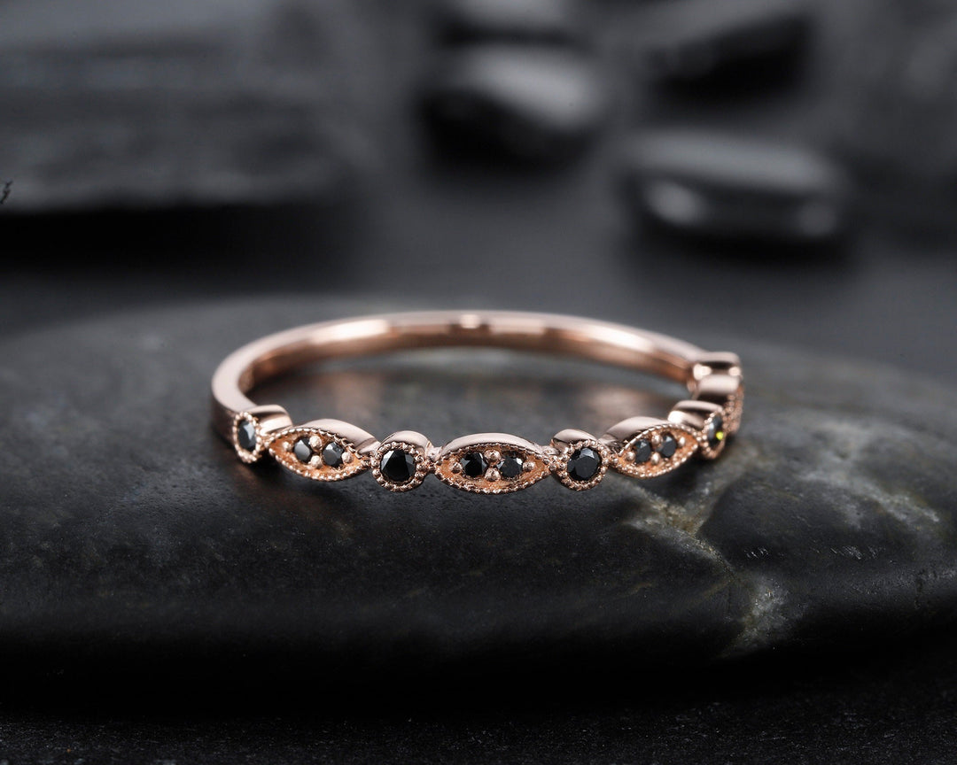 14K Rose Gold Black Diamond Wedding Band, Stackable Half Eternity Black Moissanite Engagement Ring Enhancer, 18K Black Diamond Matching Band - ShainJewelry