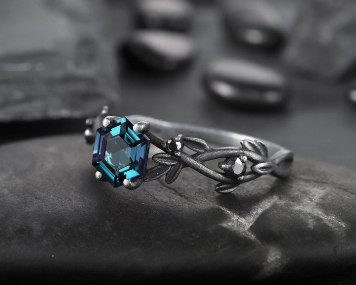 Black Gold Vermeil Hexagon Alexandrite Ring, Rhodium Black Finish Leaf Branch Alexandrite Goth Engagement Ring Promise Anniversary Ring - ShainJewelry