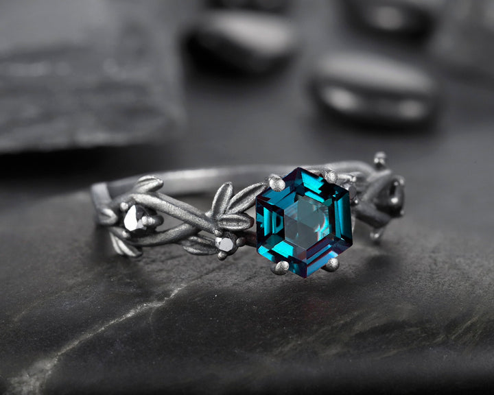 Black Gold Vermeil Hexagon Alexandrite Ring, Rhodium Black Finish Leaf Branch Alexandrite Goth Engagement Ring Promise Anniversary Ring - ShainJewelry