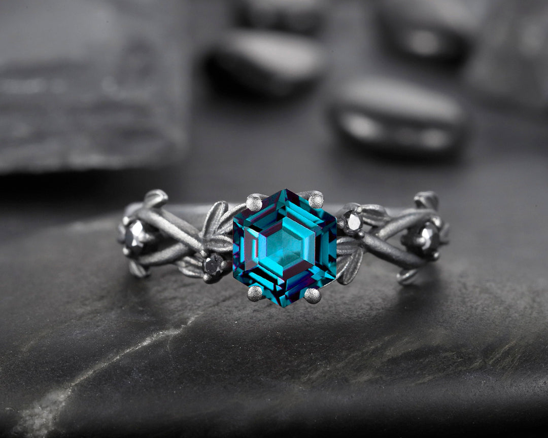 Black Gold Vermeil Hexagon Alexandrite Ring, Rhodium Black Finish Leaf Branch Alexandrite Goth Engagement Ring Promise Anniversary Ring - ShainJewelry