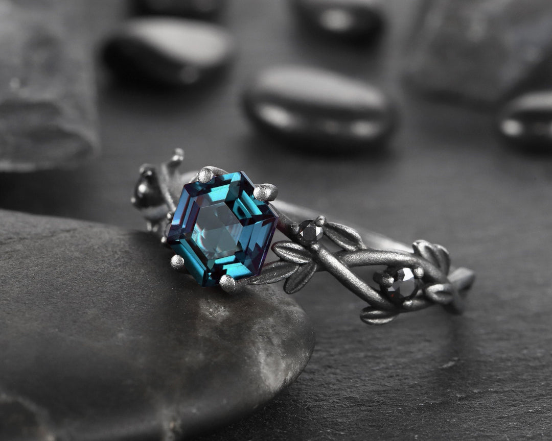 Black Gold Vermeil Hexagon Alexandrite Ring, Rhodium Black Finish Leaf Branch Alexandrite Goth Engagement Ring Promise Anniversary Ring - ShainJewelry