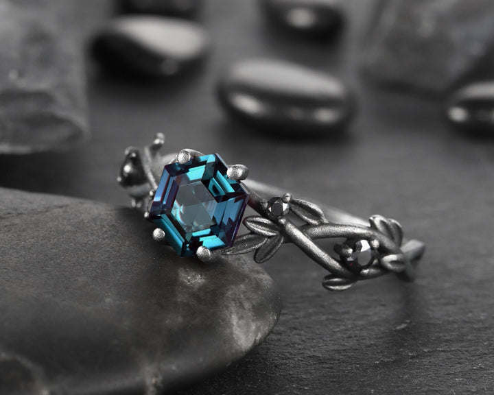 Black Gold Vermeil Hexagon Alexandrite Ring, Rhodium Black Finish Leaf Branch Alexandrite Goth Engagement Ring Promise Anniversary Ring - ShainJewelry