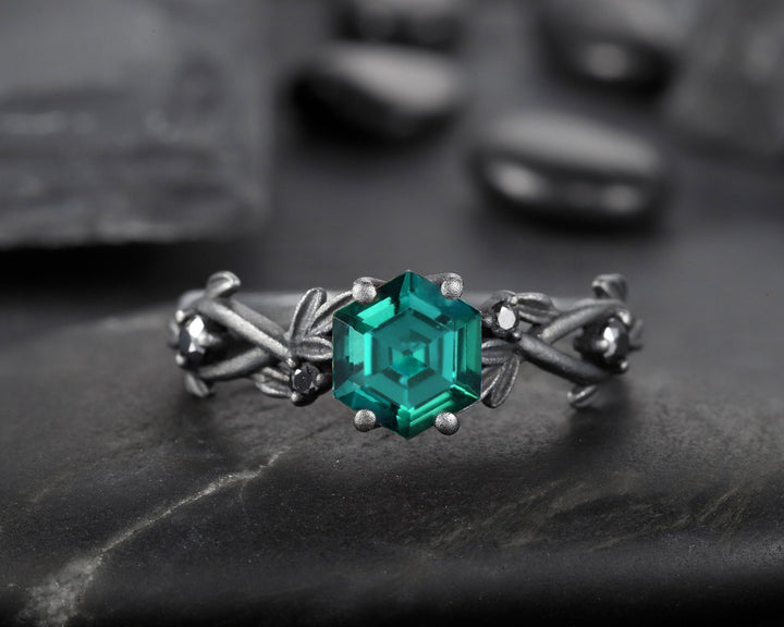 Black Gold Finish Hexagon Emerald Engagement Ring, Rhodium Black Vermeil Leaf Twig Branch Lab Emerald Promise Anniversary Ring Gift for Her - ShainJewelry