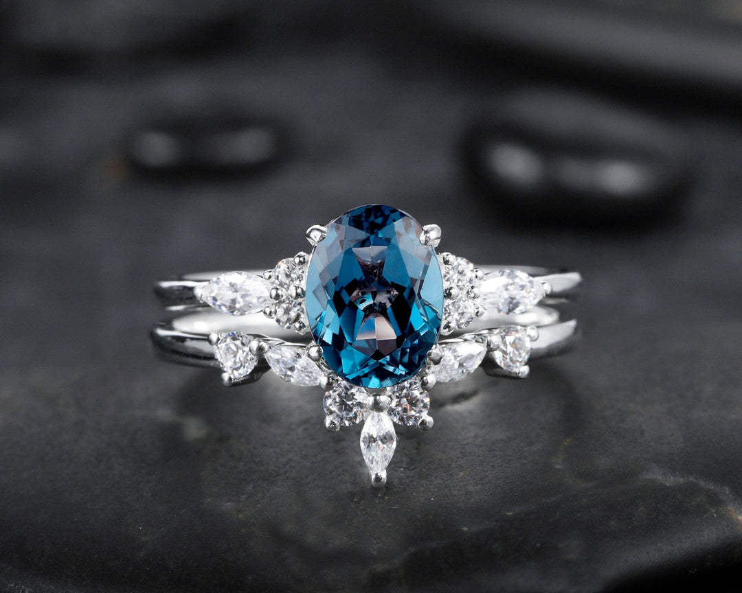 Vintage Oval Shape London Blue Topaz and Moissanite Engagement Ring, Unique Rose Gold Wedding Ring Bridal Set, Promise Ring Gift for Women - ShainJewelry