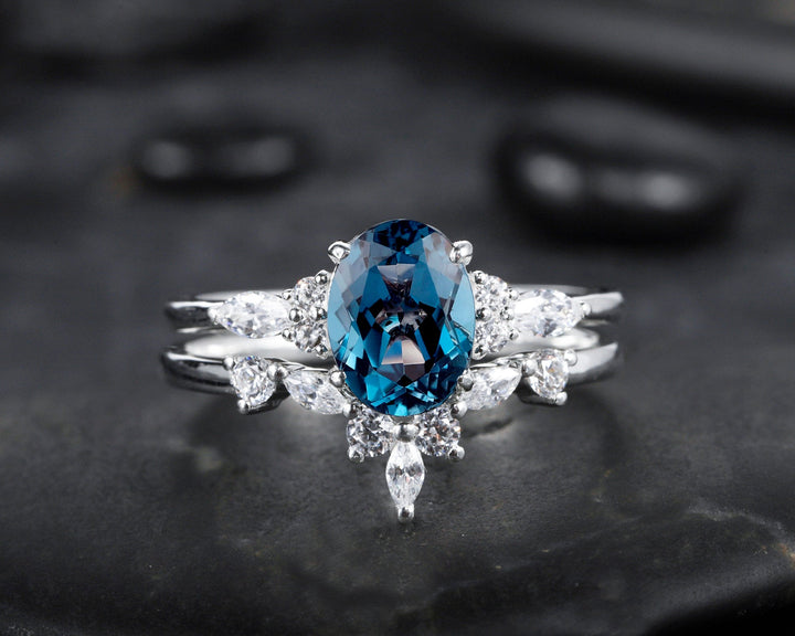 Vintage Oval Shape London Blue Topaz and Moissanite Engagement Ring, Unique Rose Gold Wedding Ring Bridal Set, Promise Ring Gift for Women - ShainJewelry