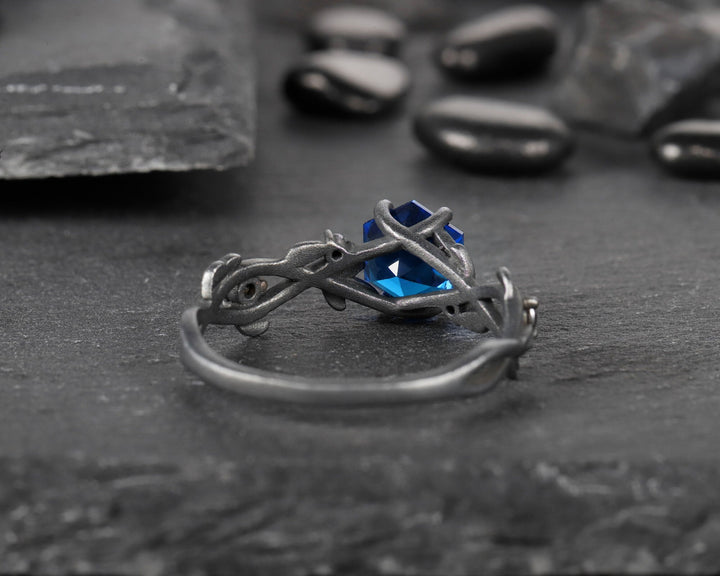 Black Gold Vermeil Hexagon Lab Blue Sapphire Engagement Ring, Rhodium Black Finish Leaf Twig Branch Sapphire Promise Anniversary Ring Gift - ShainJewelry