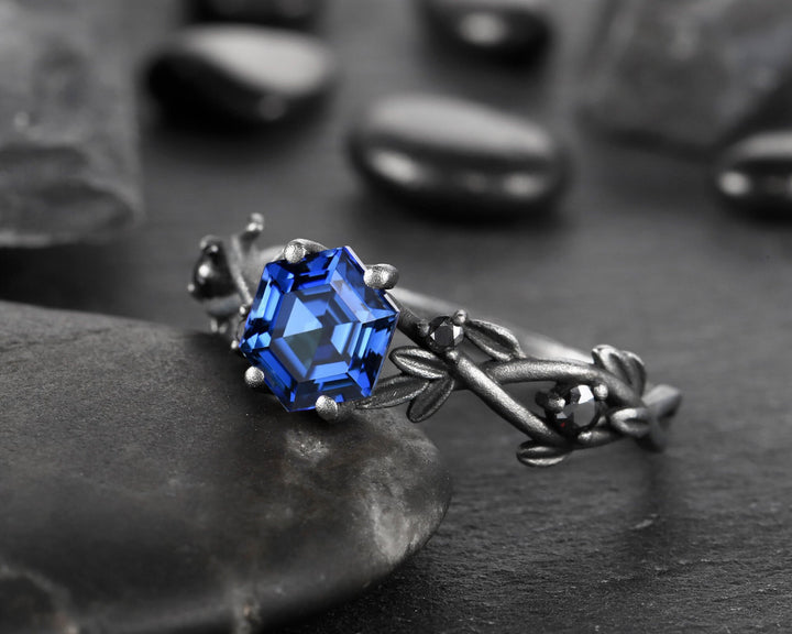 Black Gold Vermeil Hexagon Lab Blue Sapphire Engagement Ring, Rhodium Black Finish Leaf Twig Branch Sapphire Promise Anniversary Ring Gift - ShainJewelry