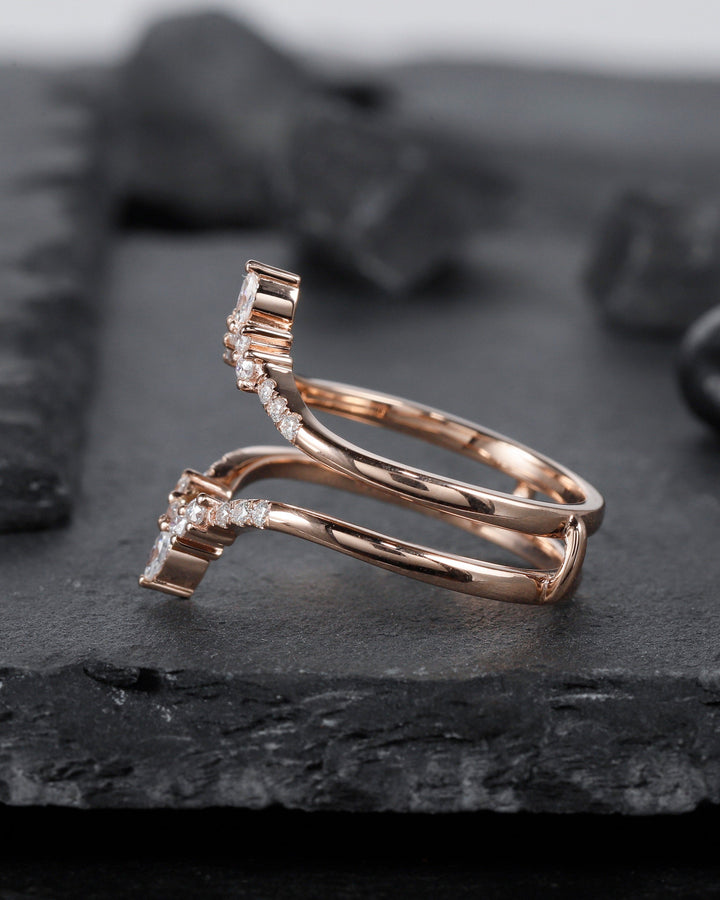 Princess Cut Moissanite Bridal Set Vintage Moissanite Engagement Ring Enhancer Set Dual Band Soldered Wedding Set Rose Gold Promise Ring - ShainJewelry
