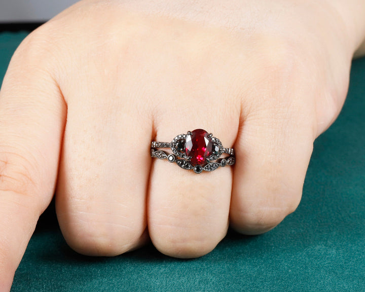 Gothic Black Oval Ruby Engagement Ring Set, Black Gold Finish Ruby Promise Ring Set Vintage Rhodium Black Moissanite Bridal Set Gift for Her - ShainJewelry
