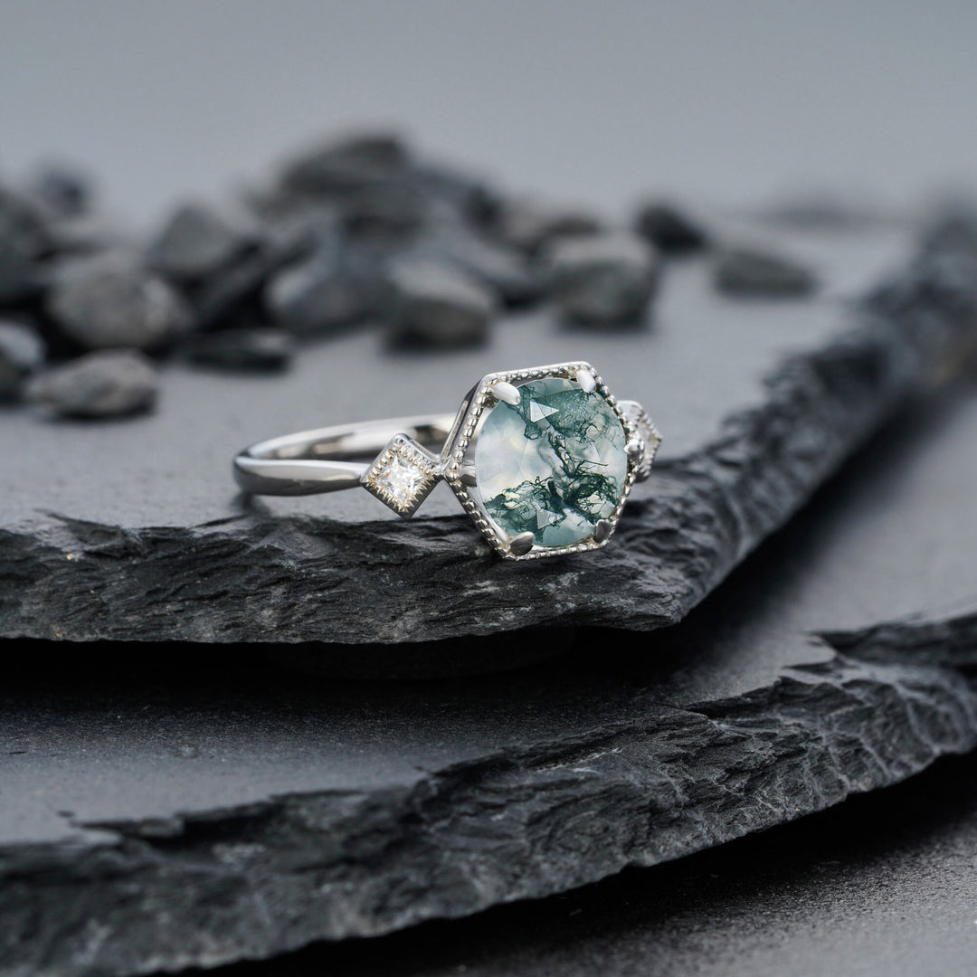 Vintage Round Shape Moss Agate Engagement Ring, Sterling Silver Anniversary Ring, 14K Gold Moss Agate Promise Wedding Ring Gift for Women - ShainJewelry