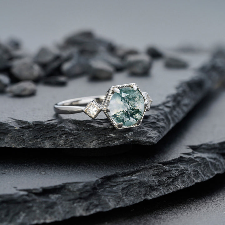 Vintage Round Shape Moss Agate Engagement Ring, Sterling Silver Anniversary Ring, 14K Gold Moss Agate Promise Wedding Ring Gift for Women - ShainJewelry