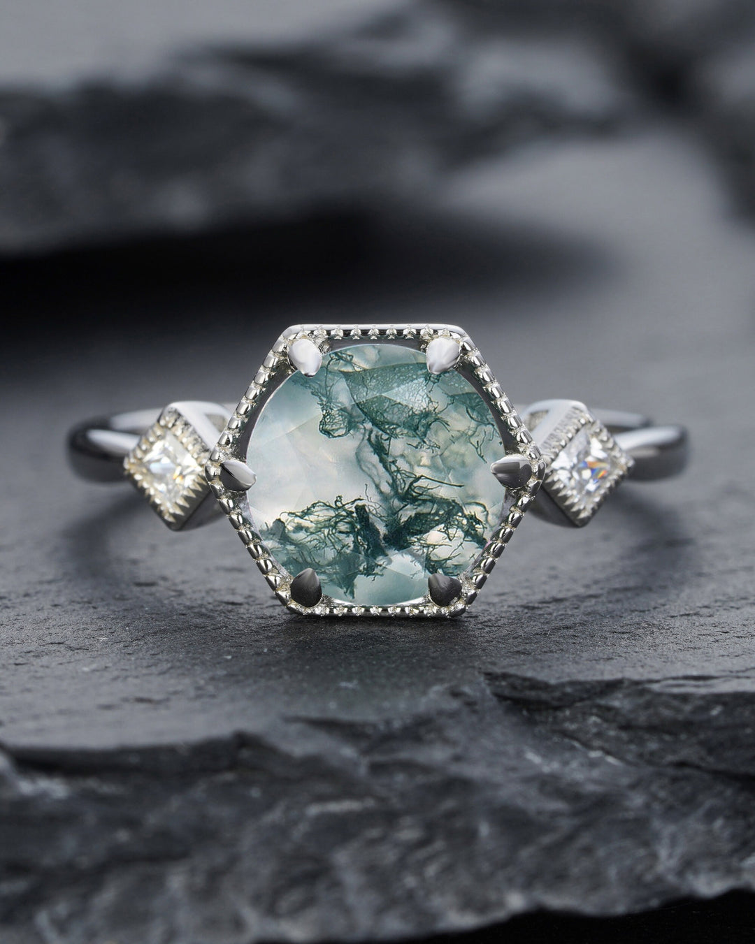 Vintage Round Shape Moss Agate Engagement Ring, Sterling Silver Anniversary Ring, 14K Gold Moss Agate Promise Wedding Ring Gift for Women - ShainJewelry