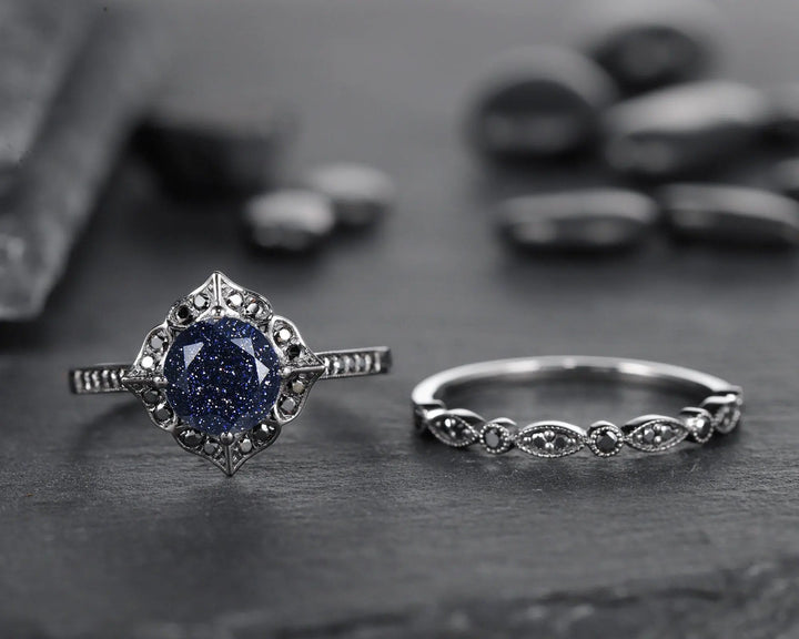 Vintage Blue Sandstone Floral Engagement Ring Set, Unique Black Gold Vermeil Blue Sandstone Promise Ring Set, Black Diamond Bridal Set Gift - ShainJewelry