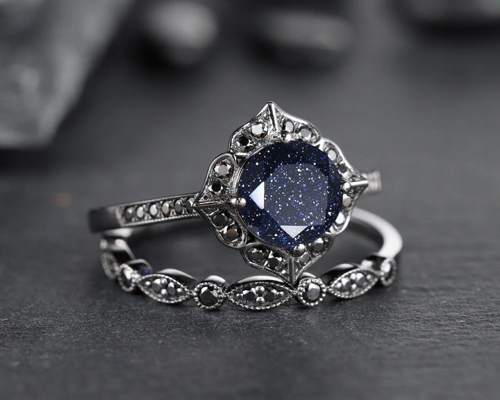 Vintage Blue Sandstone Floral Engagement Ring Set, Unique Black Gold Vermeil Blue Sandstone Promise Ring Set, Black Diamond Bridal Set Gift - ShainJewelry