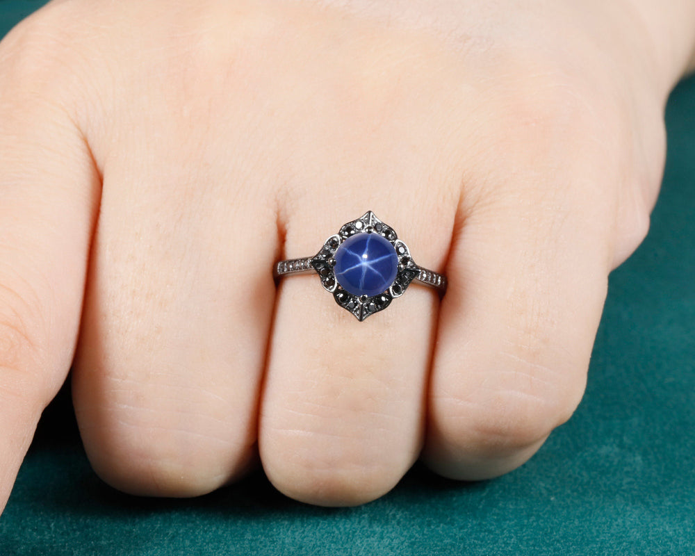 Vintage Star Blue Sapphire Floral Engagement Ring, Black Gold Finish and Sapphire Promise Ring Sapphire and Black Diamond Wedding Ring Gift - ShainJewelry