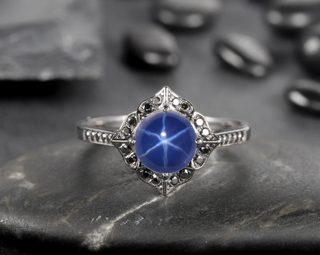 Vintage Star Blue Sapphire Floral Engagement Ring, Black Gold Finish and Sapphire Promise Ring Sapphire and Black Diamond Wedding Ring Gift - ShainJewelry