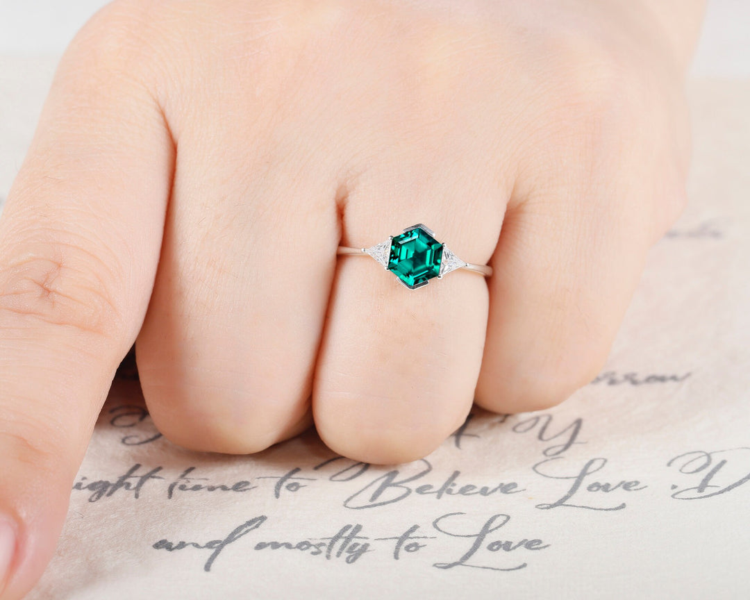 Dainty Hexagon Emerald Engagement Ring, Vintage Trigonal Moissanite Wedding Ring, Sterling Silver 14K Gold Three Stone Promise Ring For Her - ShainJewelry
