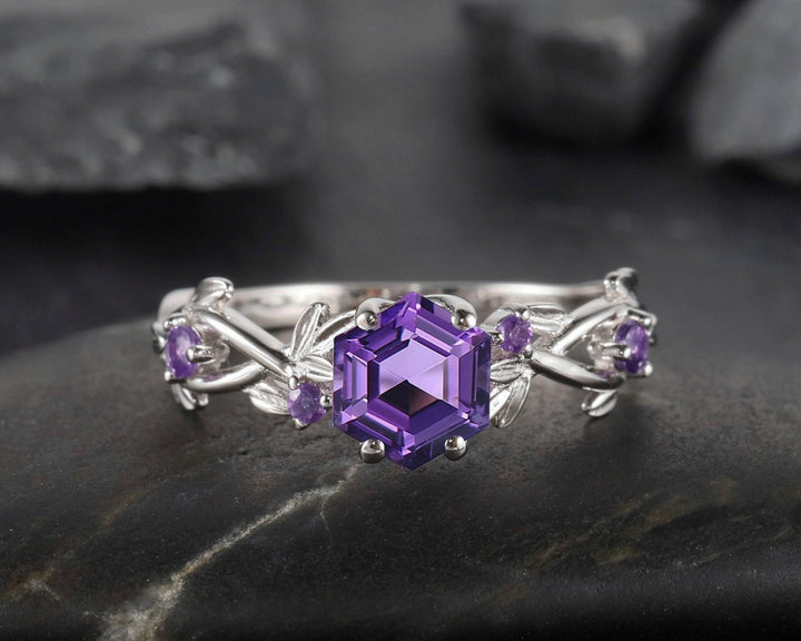 Vintage Hexagon Cut Amethyst Leaf Engagement Ring, Dainty Twist Branch Amethyst Promise Ring, Unique Rose Gold Purple Amethyst Wedding Ring - ShainJewelry