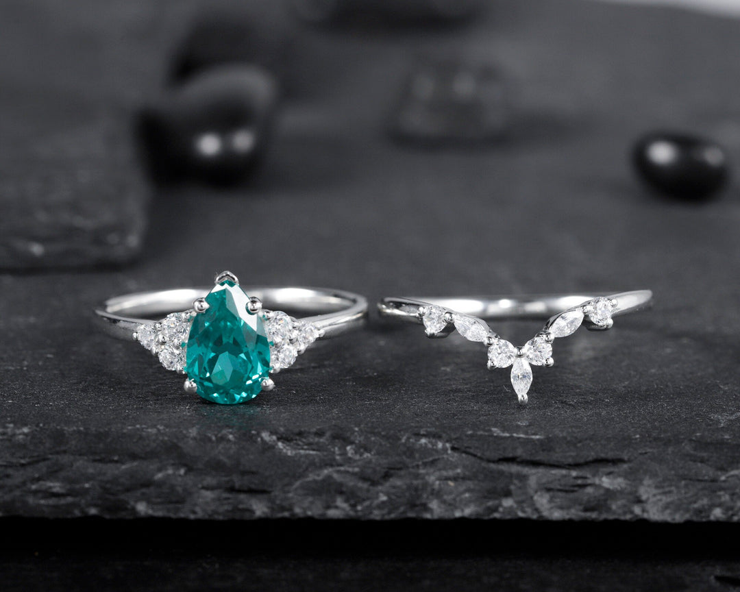 Vintage Pear Shape Paraiba Tourmaline Ring Set, Blueish Green Peacock Gemstone Wedding Set, White Gold Tourmaline Engagement Ring Bridal Set - ShainJewelry