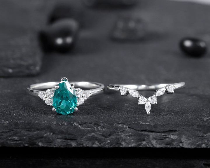 Vintage Pear Shape Paraiba Tourmaline Ring Set, Blueish Green Peacock Gemstone Wedding Set, White Gold Tourmaline Engagement Ring Bridal Set - ShainJewelry
