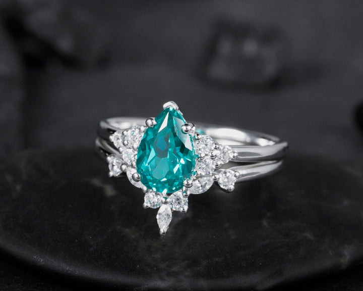 Vintage Pear Shape Paraiba Tourmaline Ring Set, Blueish Green Peacock Gemstone Wedding Set, White Gold Tourmaline Engagement Ring Bridal Set - ShainJewelry