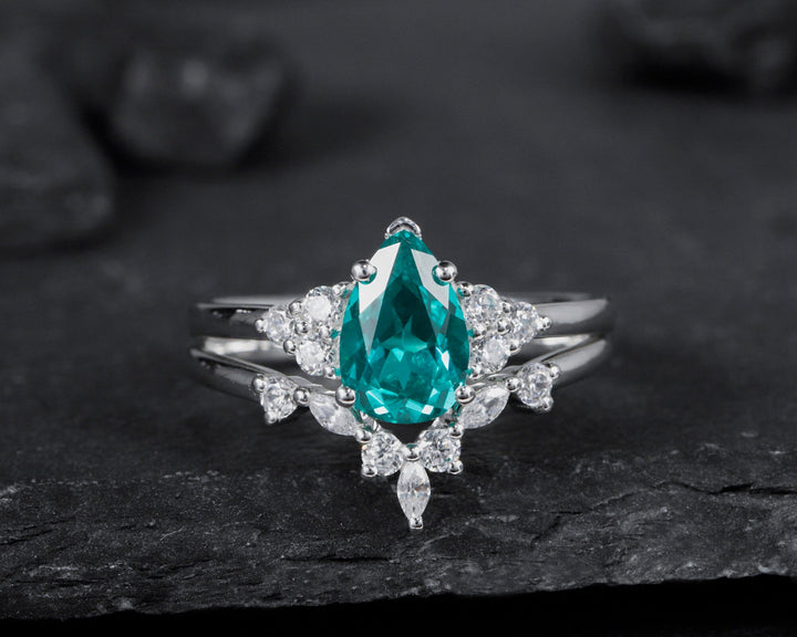 Vintage Pear Shape Paraiba Tourmaline Ring Set, Blueish Green Peacock Gemstone Wedding Set, White Gold Tourmaline Engagement Ring Bridal Set - ShainJewelry