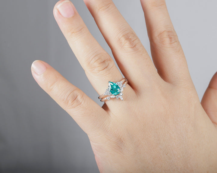 Vintage Pear Shape Paraiba Tourmaline Ring Set, Blueish Green Peacock Gemstone Wedding Set, White Gold Tourmaline Engagement Ring Bridal Set - ShainJewelry