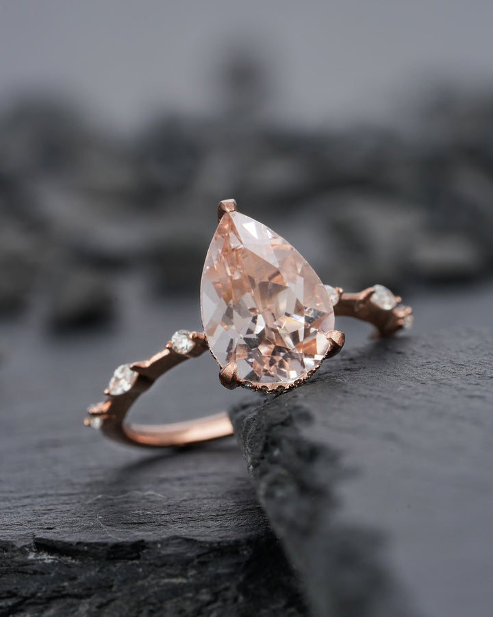 Vintage 3 Carats Large Pear Cut Pink Morganite Diamond Engagement Ring, Unique Rose Gold Teardrop Morganite Hidden Halo Wedding Promise Ring - ShainJewelry