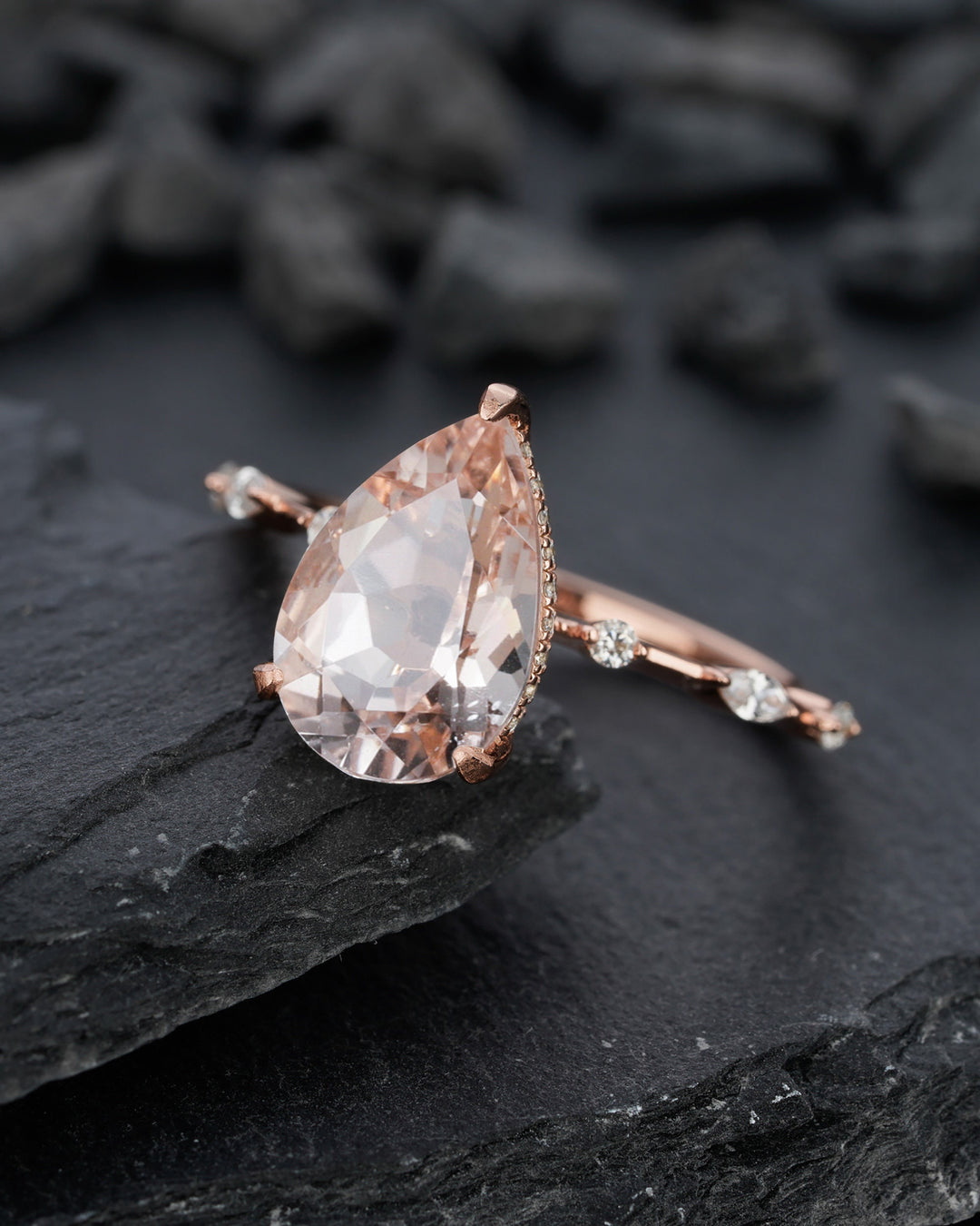 Vintage 3 Carats Large Pear Cut Pink Morganite Diamond Engagement Ring, Unique Rose Gold Teardrop Morganite Hidden Halo Wedding Promise Ring - ShainJewelry