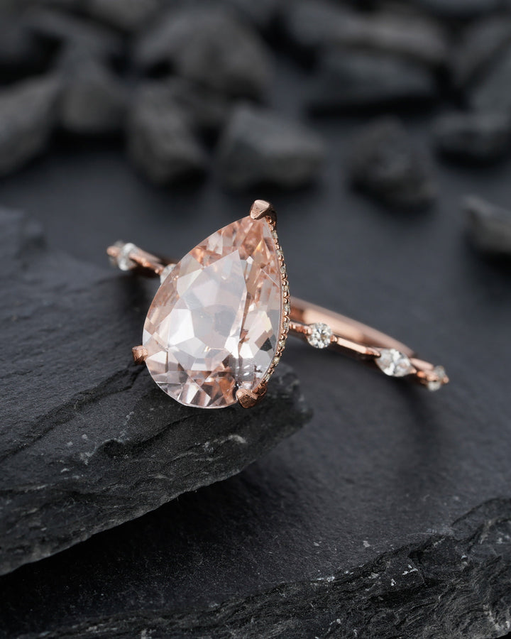 Vintage 3 Carats Large Pear Cut Pink Morganite Diamond Engagement Ring, Unique Rose Gold Teardrop Morganite Hidden Halo Wedding Promise Ring - ShainJewelry