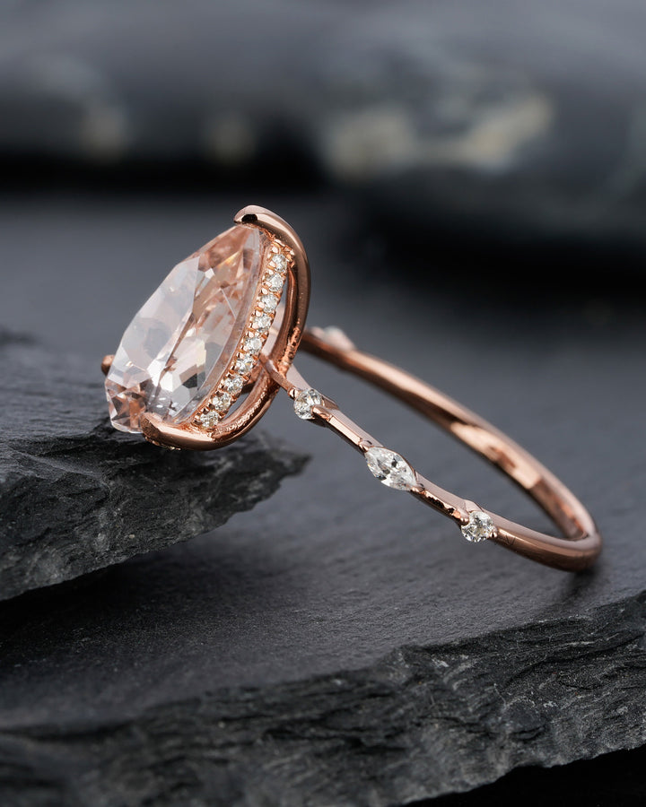 Vintage 3 Carats Large Pear Cut Pink Morganite Diamond Engagement Ring, Unique Rose Gold Teardrop Morganite Hidden Halo Wedding Promise Ring - ShainJewelry