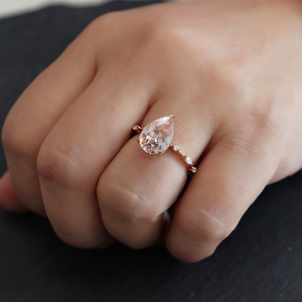 Vintage 3 Carats Large Pear Cut Pink Morganite Diamond Engagement Ring, Unique Rose Gold Teardrop Morganite Hidden Halo Wedding Promise Ring - ShainJewelry