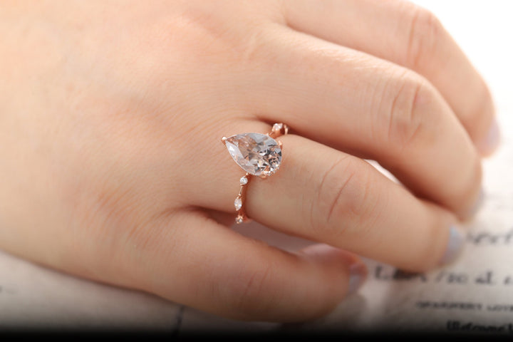 Vintage 3 Carats Large Pear Cut Pink Morganite Diamond Engagement Ring, Unique Rose Gold Teardrop Morganite Hidden Halo Wedding Promise Ring - ShainJewelry