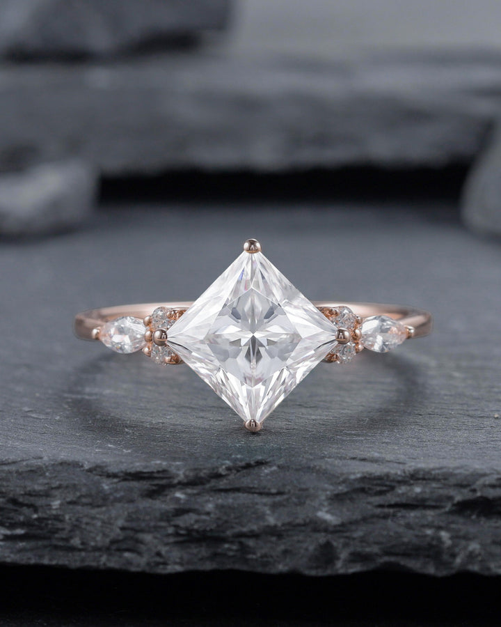 Princess Cut Moissanite Bridal Set Vintage Moissanite Engagement Ring Enhancer Set Dual Band Soldered Wedding Set Rose Gold Promise Ring - ShainJewelry