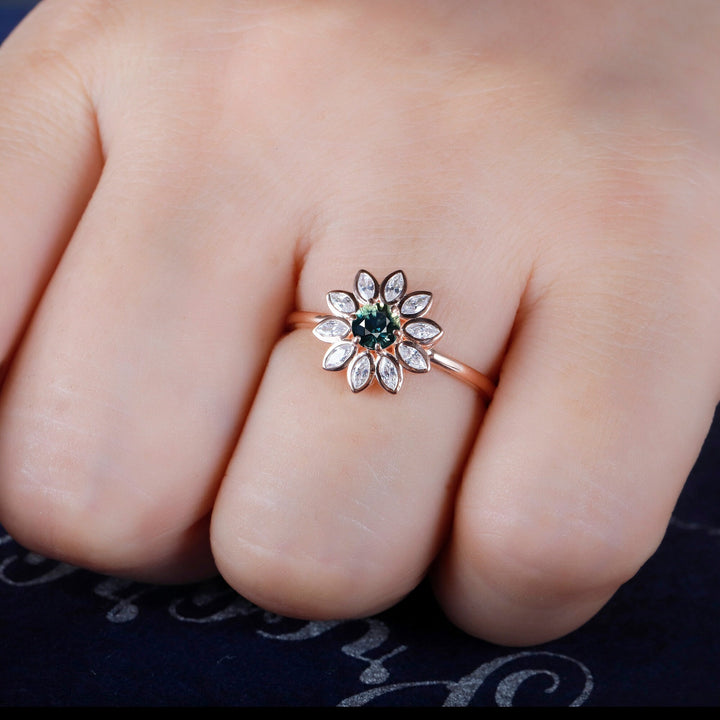 Vintage Sunflower Natural Teal Sapphire Engagement Ring, 18K Rose Gold Bezel Setting Wedding Ring, Marquise Moissanite Accent Promise Ring - ShainJewelry