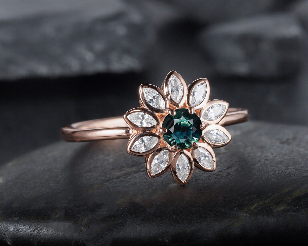 Vintage Sunflower Natural Teal Sapphire Engagement Ring, 18K Rose Gold Bezel Setting Wedding Ring, Marquise Moissanite Accent Promise Ring - ShainJewelry