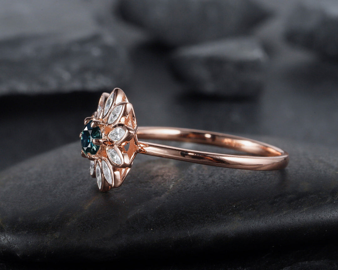 Vintage Sunflower Natural Teal Sapphire Engagement Ring, 18K Rose Gold Bezel Setting Wedding Ring, Marquise Moissanite Accent Promise Ring - ShainJewelry